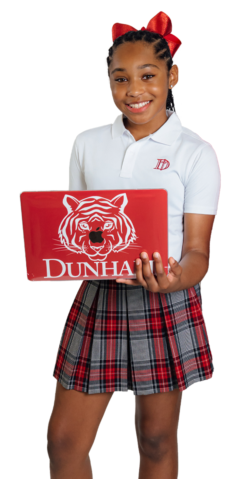 Dunham middle school girl holding Apple MacBook laptop.